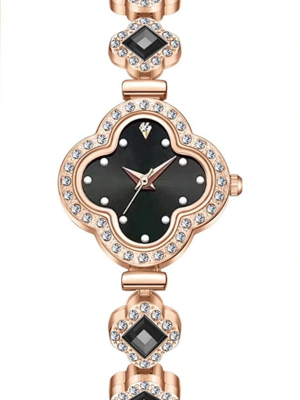 Watch-Black 4 Leaf Clover Rose Gold Watches, Diamond like Bracelet Slim Watch